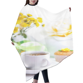 Personality  Breakfest With Tea, Cake And Yellow Flowers Hair Cutting Cape