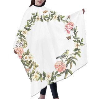 Personality  Vintage Watercolor Wreath With Flowers And Birds Hair Cutting Cape