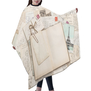Personality  Open Empty Diary Book, Old Letters, French Postcards. Scrapbook Hair Cutting Cape