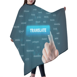 Personality  Online Translator And Languages E-learning Course Concept. Computer User Press Button With Text Translate And Most Important World Languages. Hair Cutting Cape
