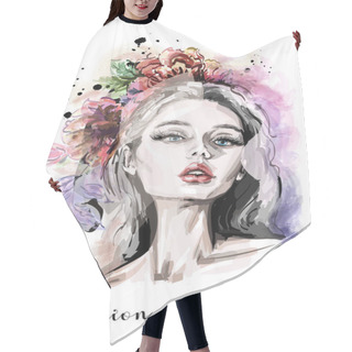 Personality  Stylish Composition With Hand Drawn Beautiful Young Woman Portrait, Flowers And Watercolor Blots. Fashion Illustration. Sketch.  Hair Cutting Cape