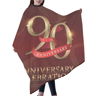 Personality  90th Years Anniversary Celebration Golden Logo With Red Ribbon On Red Background. Vector Illustrator.eps Hair Cutting Cape