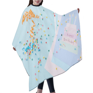 Personality  Top View Of Colorful Confetti Near Birthday Greeting Cards On Blue Background Hair Cutting Cape