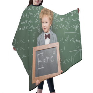 Personality  Smart Child In Suit And Bow Tie Holding Small Blackboard With Formula Near Chalkboard  Hair Cutting Cape
