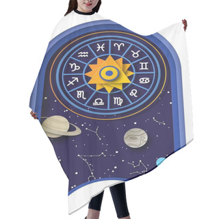 Personality  Zodiac Wheel With Twelve Horoscope Signs, Planets, Starry Sky, Constellations, Vector Paper Cut Illustration. Astrology. Hair Cutting Cape