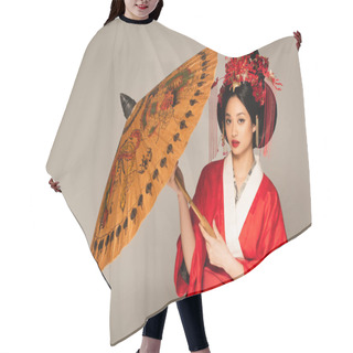 Personality  Pretty Japanese Woman In Oriental Clothes Holding Paper Umbrella Isolated On Grey  Hair Cutting Cape