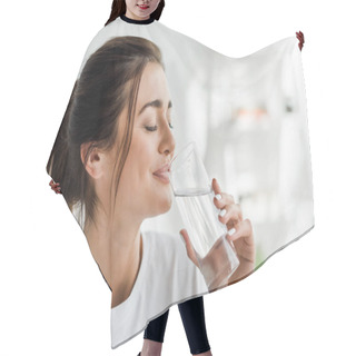 Personality  Smiling Girl Holding Drinking Water From Glass In The Morning Hair Cutting Cape