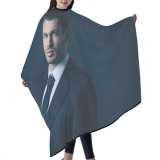 Personality  Elegant Mafioso Looking At Camera On Dark Blue Background Hair Cutting Cape