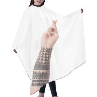 Personality  Cropped View Of Tattooed Man Showing Letter R In Deaf And Dumb Language Isolated On White Hair Cutting Cape