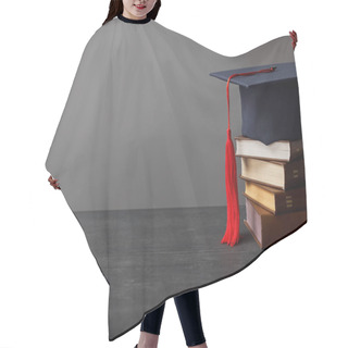 Personality  Brown Books And Academic Cap With Red Tassel Isolated On Grey Hair Cutting Cape