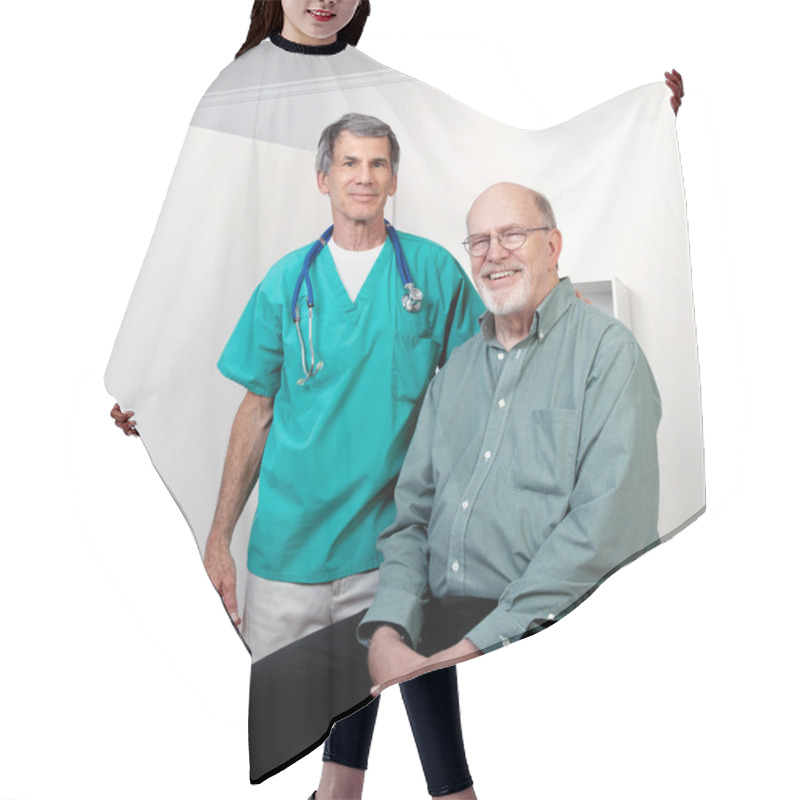 Personality  Happy Doctor With Happy Senior Male Patient Hair Cutting Cape