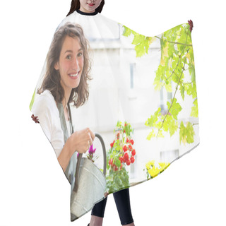 Personality  Young Woman Watering Tomatoes On Her City Balcony Garden Hair Cutting Cape