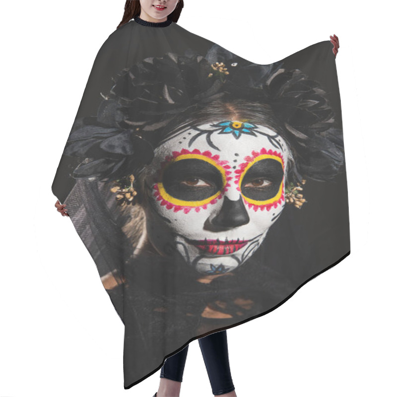 Personality  Portrait Of Woman In Halloween Sugar Skull Makeup And Dark Wreath With Veil Looking At Camera Isolated On Black Hair Cutting Cape