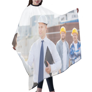 Personality  Group Of Smiling Builders In Hardhats Outdoors Hair Cutting Cape