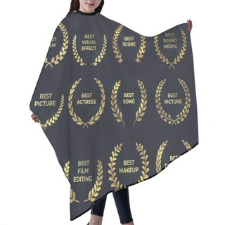Personality  Golden Laurel Or Palm Wreath. Leaf Shapes Winner Prize, Cinema Awards. Films, Directing, Music Nominate At Tradition Ceremony. Gold Branches And Nomination Text, Vector Premium Set Hair Cutting Cape
