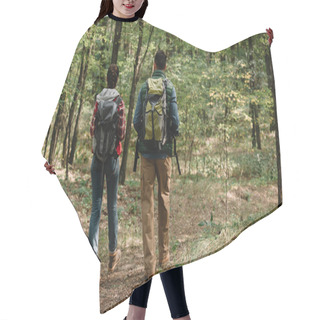 Personality  Back View Of Couple Of Travelers With Backpacks Hiking In Forest Hair Cutting Cape