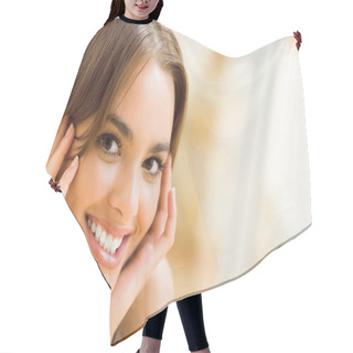 Personality  Portrait Of Young Woman At Home Hair Cutting Cape