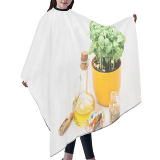 Personality  Green Plant In Flowerpot Near Pills And Herbs In Glass Bottles And Essential Oil On White Background, Naturopathy Concept Hair Cutting Cape