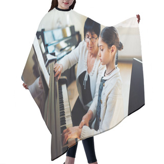 Personality   Music Teacher With The Pupil At  Lesson Piano Hair Cutting Cape