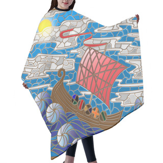Personality  Illustration In Stained Glass Style With Antique Ship Against The Sea, Sky And Sun Hair Cutting Cape