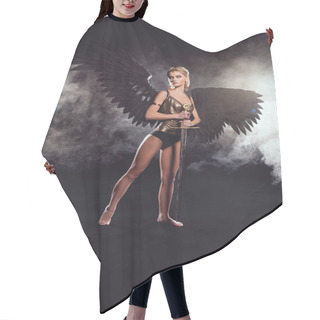 Personality  Beautiful Woman In Warrior Costume With Angel Wings Holding Sword And Posing On Black Background Hair Cutting Cape