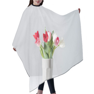 Personality  Beautiful Blooming White, Pink And Red Tulips In Vase On Grey Hair Cutting Cape