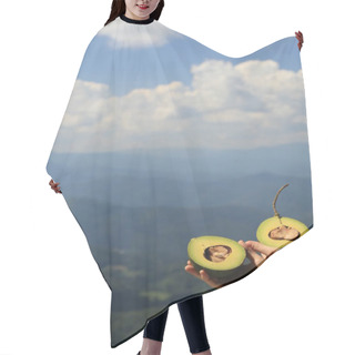 Personality  Hands Holding Avocado Halves Against Mountain Landscape Hair Cutting Cape