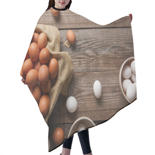 Personality   Top View Of Chicken Eggs In Bowls On Wooden Table With Cloth Hair Cutting Cape