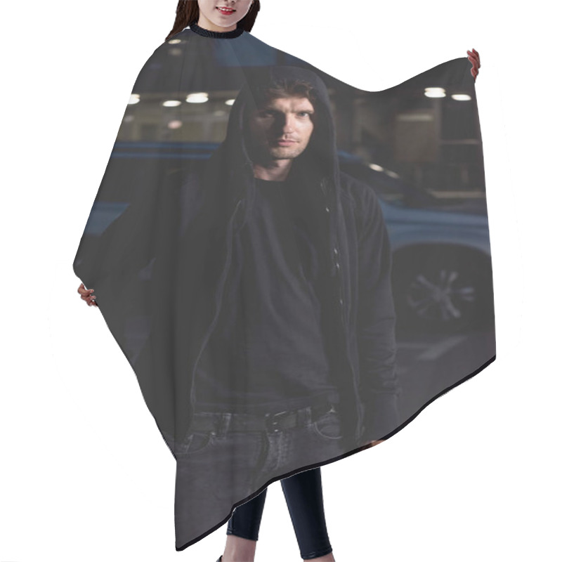 Personality  Thief In Black Hoodie Looking At Camera In Parking Lot At Night Hair Cutting Cape