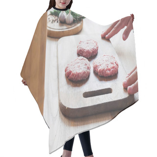 Personality  Cropped View Of Chef Near Formed Mince Patty On Chopping Board  Hair Cutting Cape
