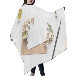 Personality  Top View Of Empty Blank With Brown Envelope, Ink Pen, Flowers, Scissors, Stamp, Spools Of Thread And Wrapped Gift On Grey Background Hair Cutting Cape