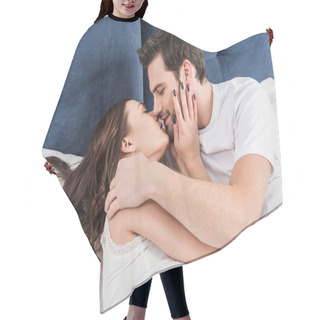 Personality  Beautiful Couple In Nightwear Kissing In Bed At Home Hair Cutting Cape