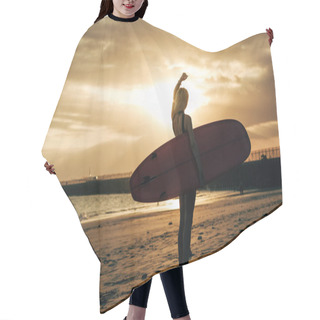 Personality  Silhouette Of Female Surfer Posing With Surfboard At Sunset With Backlit Hair Cutting Cape