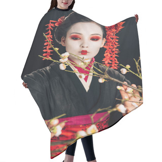 Personality  Selective Focus Of Beautiful Geisha In Black Kimono With Red Flowers In Hair Touching Sakura Branches Isolated On Black Hair Cutting Cape