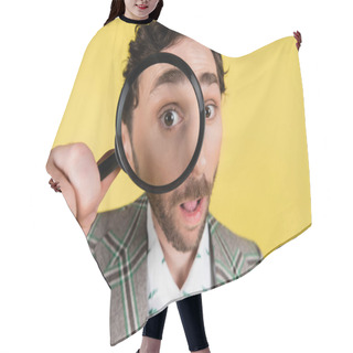 Personality  Wide Angle View Of Stylish Man Looking Through Magnifying Glass Isolated On Yellow   Hair Cutting Cape