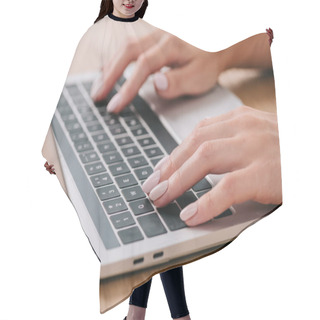 Personality  Partial View Of Woman Typing On Laptop At Tabletop With Credit Card Hair Cutting Cape