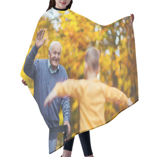 Personality  Cheerful Disabled Grandfather In Walker Welcoming His Happy Grandson Hair Cutting Cape