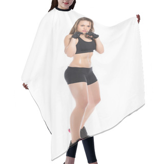 Personality  Sporty Woman Demonstrating Her Body Hair Cutting Cape