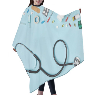 Personality  Top View Of Stethoscope And Various Medicines On Blue Surface Hair Cutting Cape