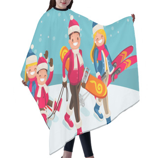 Personality  Family Snow Skiing People Isometric Cartoon Character Vector Hair Cutting Cape