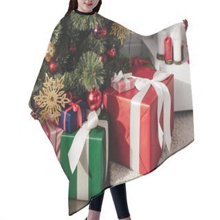 Personality  Gift Boxes Under Christmas Tree With Baubles In Room Hair Cutting Cape