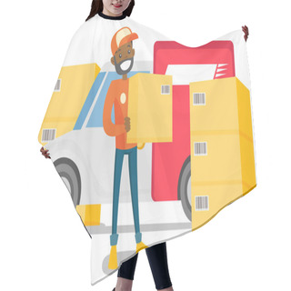 Personality  Young African Delivery Man Carrying Cardboard Box. Hair Cutting Cape