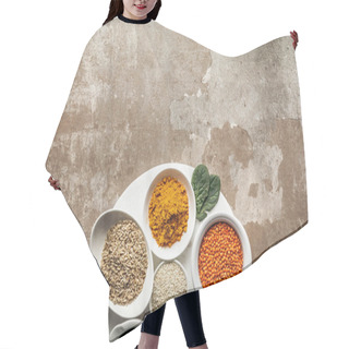 Personality  Top View Of Red Lentils, Oat Groats And Turmeric On Textured Rustic Background With Copy Space Hair Cutting Cape