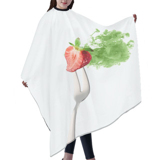 Personality  Half Of Strawberry On Fork And Green Ink Isolated On White Hair Cutting Cape