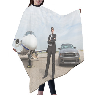 Personality  Businessman Standing By Car And Private Jet At Terminal Hair Cutting Cape
