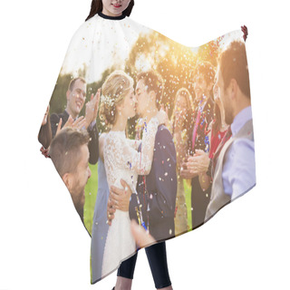 Personality  Newlyweds Kissing At Wedding Reception Hair Cutting Cape
