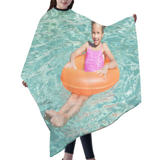 Personality  Girl Looking At Camera While Floating On Inflatable Ring In Swimming Pool Hair Cutting Cape