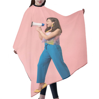 Personality  Full Length View Of Angry Young Stylish Disco Girl Screaming In Megaphone On Pink Hair Cutting Cape