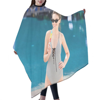 Personality  Smiling Young Woman In Swimsuit And Vintage Sunglasses With Colorful Popsicle At Poolside Hair Cutting Cape