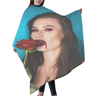 Personality  Young And Creepy Woman With Blood On Face Near Red Rose On Blue Hair Cutting Cape